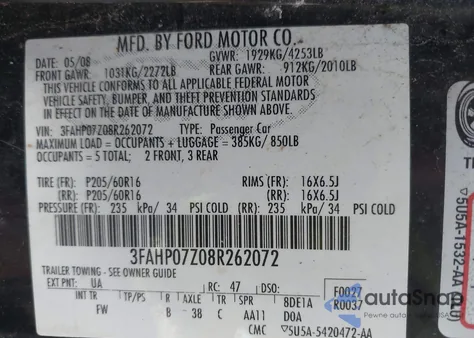 2008 Ford Fusion Se из США, поврежденный, VIN 3FAHP07Z08R262072